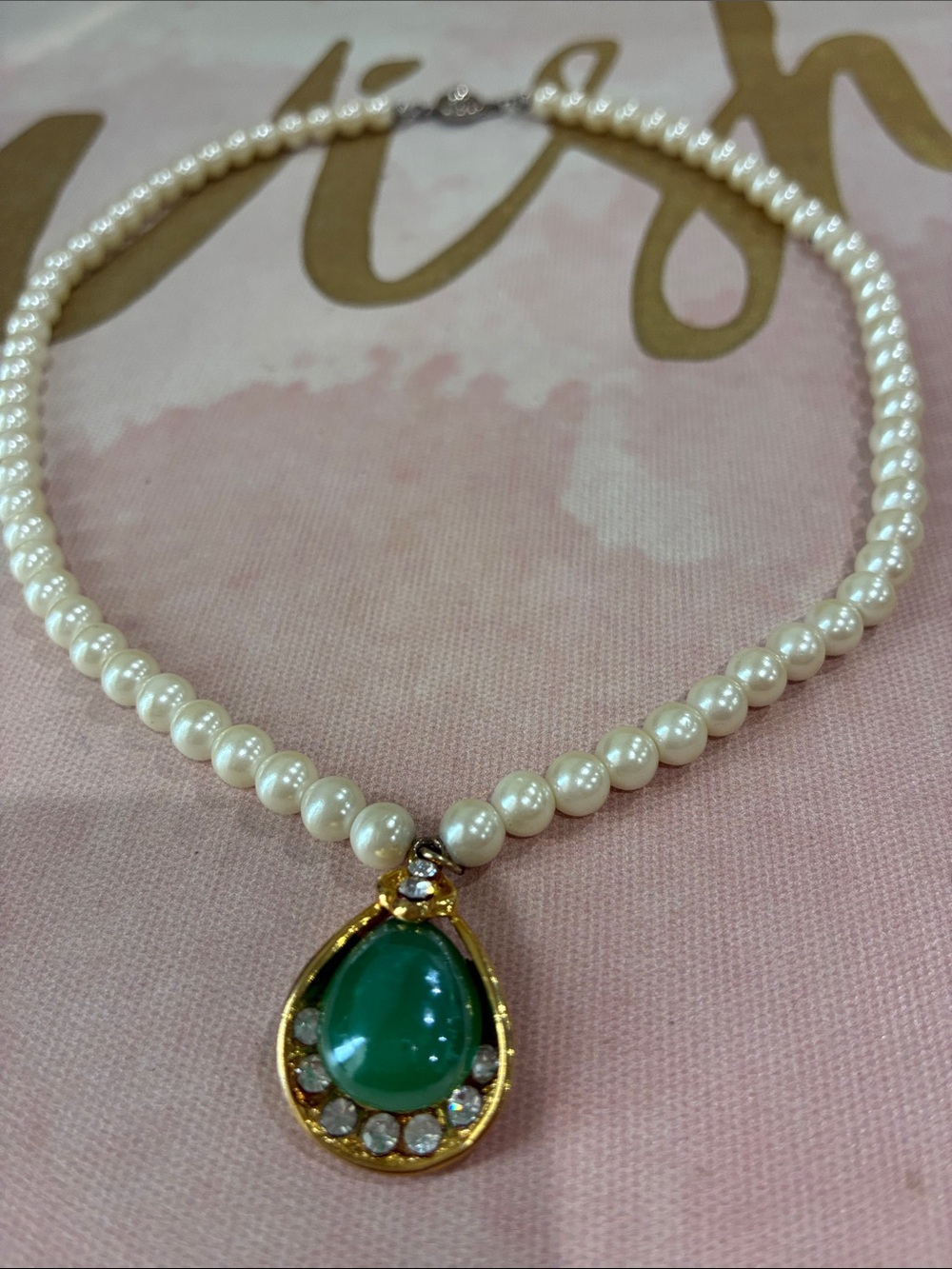 Classic Pearl Necklace with Green Teardrop Pendant